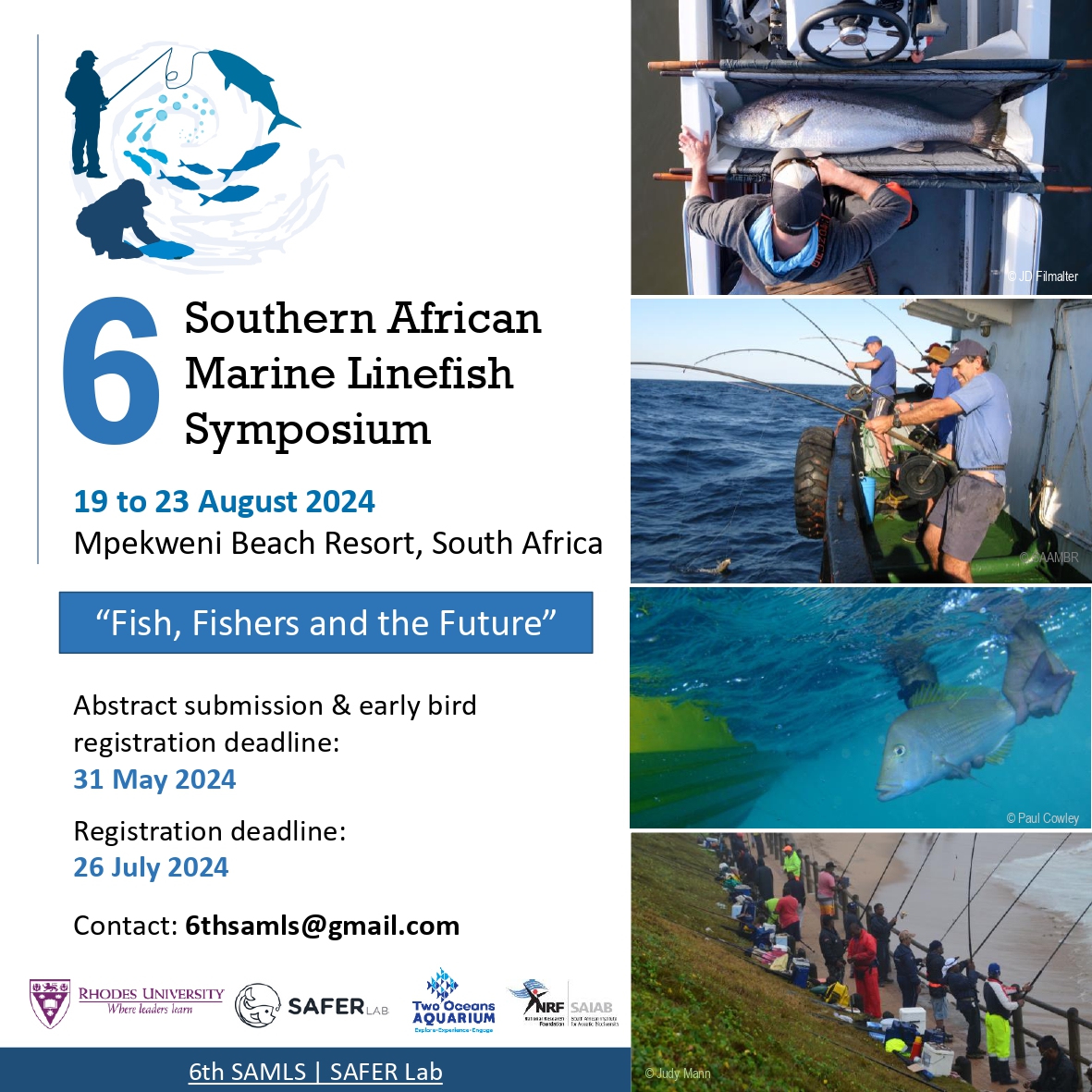 Calling all marine and estuarine linefish researchers! Don't miss the 6th Southern African Marine Linefish Symposium, taking place in the Eastern Cape, Mpekweni Beach Resort from 19-23 August 2024. With a theme of "Fish, Fishers and the Future", 

See the poster below for more.