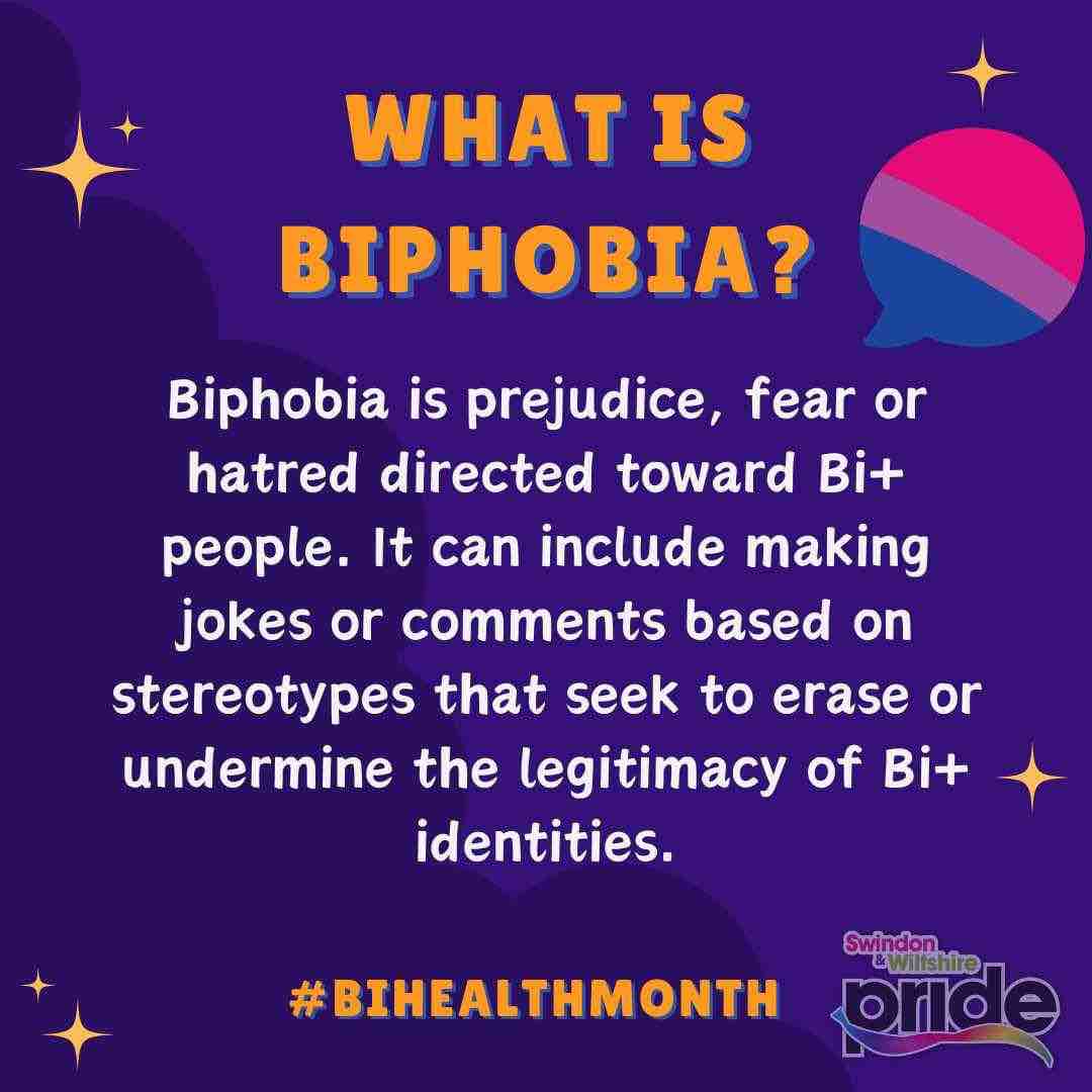 Biphobia is prejudice, fear or hatred directed toward Bi+ people. It can include making jokes or comments based on stereotypes that seek to erase or undermine the legitimacy of Bi+ identities.

#BiHealthMonth #BiHealthAwareness #Bi #Bisexualplus #Bisexual
