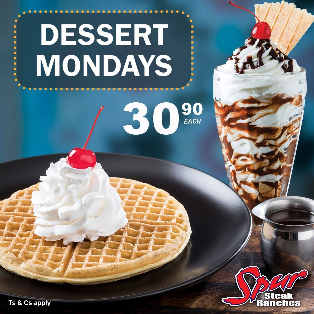 Indulge your sweet tooth at @Spurrestaurant with Dessert Mondays 😍
Treat yourself to a classic Spur waffle or ice cream with chocolate sauce for just R30.90 each. Hurry, it’s a limited-time offer at Baywest Mall! 🍨