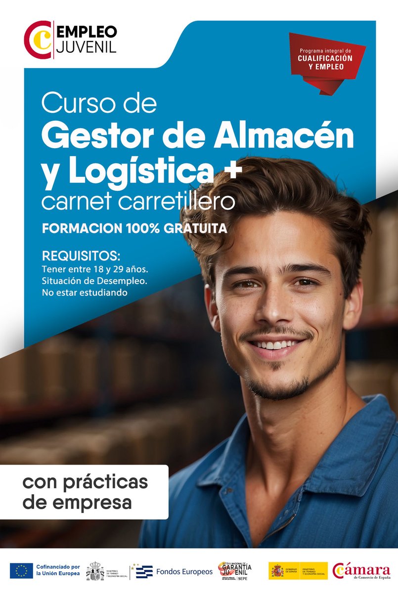 camaraofcordoba's tweet image. 📢Ofrecemos #Curso #PICE gratuito de Gestor de Almacén y Logística + carnet de carretillero
📆Comienza el 11 de abril 
✅Con prácticas de empresa
✍Inscríbete: acortar.link/tVPqss
👌Cofinanciado por la Unión Europea
@ProgramaPICE  #EuropaSeSiente #FondosEuropeos