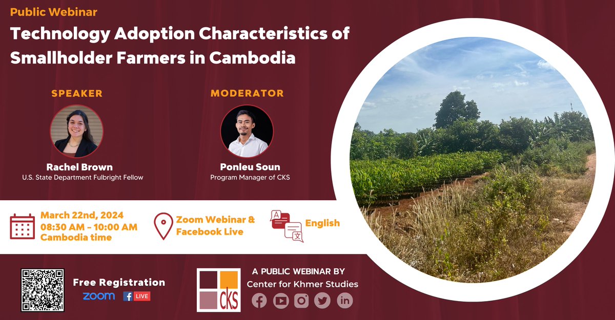 ckscambodia's tweet image. [Webinar] Technology Adoption Characteristics of Smallholder Farmers in Cambodia

To join via Zoom, please register at: khmerstudies.org/technology-ado…

#CKS #CKSWebinar #TechnologyAdoption #Agriculture #Cambodia