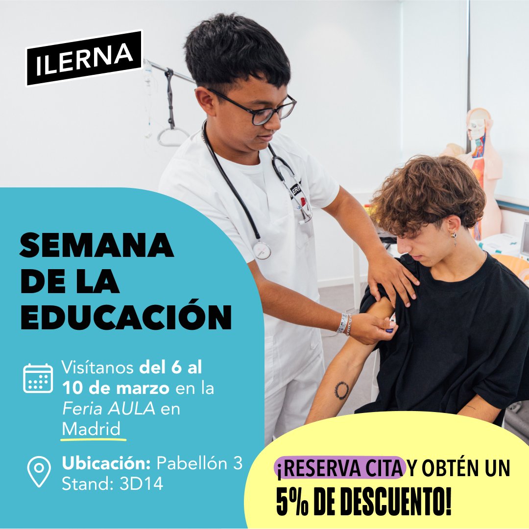 ILERNA estará presente en <a href="/FeriaAula/">AULA</a> del 6 al 10 de marzo. Nos puedes ubicar en el pabellón 3, stand 3D14 de <a href="/IFEMA/">IFEMA MADRID</a>. 

🧐 Si reservas tu cita en nuestro stand, obtienes un 5% de descuento en tu matrícula: recursos.ilerna.es/semana-de-la-e…

#LivingILERNA #FormaciónProfesional