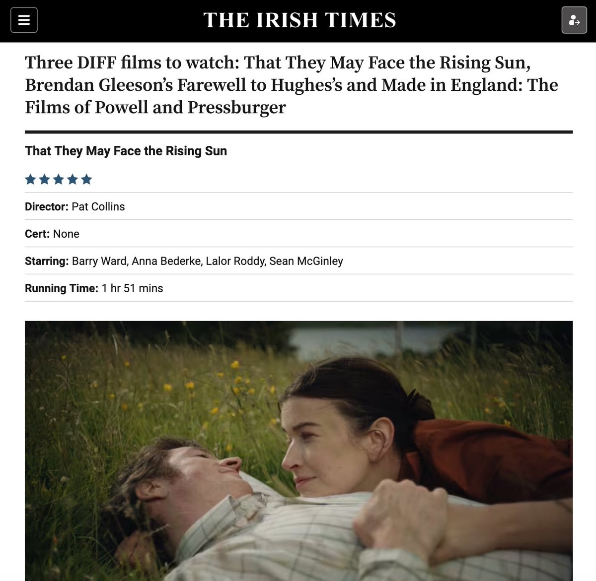 “Pat Collins's That They May Face The Rising Sun is a perfectly pitched adaptation of John McGahern’s final novel” ⭐️⭐️⭐️⭐️⭐️ Thrilled to receive such a glowing review from @DonaldClarke63 in the @IrishTimes! 📰 Full review: bit.ly/3P6wOa7 In cinemas 25 April 📅