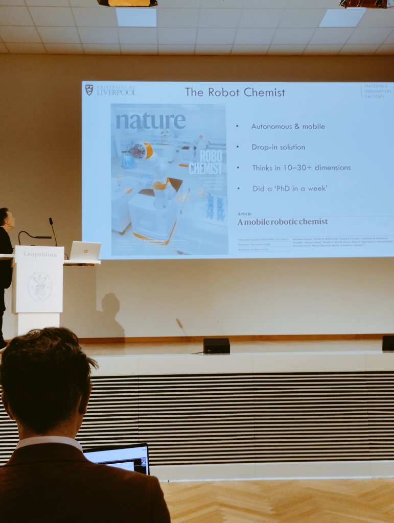whoratz's tweet image. Off to #LeopoldinAIchem for the Molecular Machine Learning symposium ⚗️🧫🧪⚙️⏩  kicking-off this morning with @aicooper is talking about Autonomous Organic synthesis, robot chemist and other ideas like how to speed-up a phD +make it high-dimensional #mlBeginner