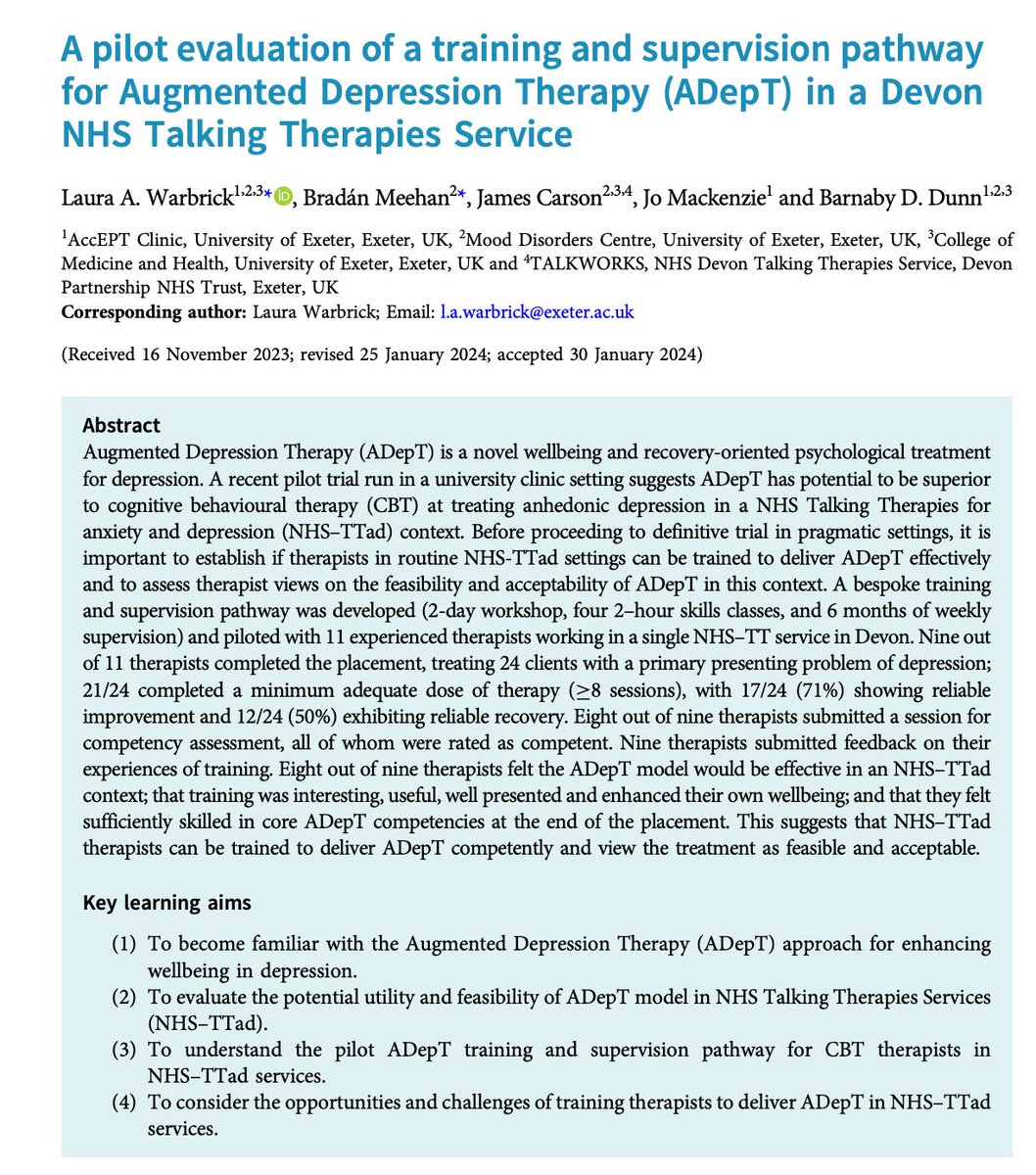 tCBT new paper:  A pilot evaluation of a training and supervision pathway for Augmented Depression Therapy (ADepT) in a Devon NHS Talking Therapies Service 

Full free text at buff.ly/49UT6n5