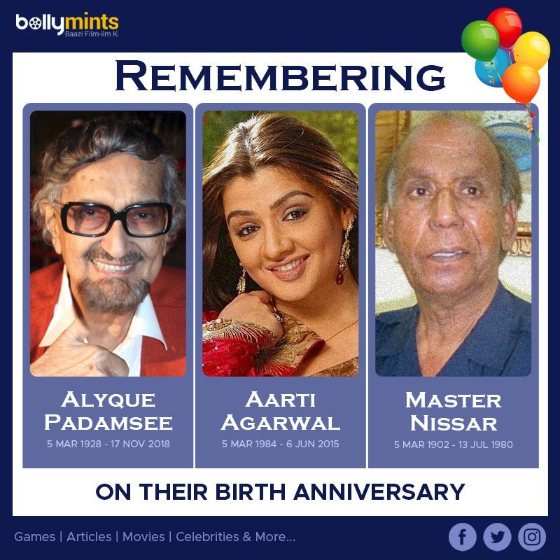 BollyMints's tweet photo. Remembering #AlyquePadamsee Ji, #AartiAgarwal Ji & #MasterNissar Ji On Their #BirthAnniversary ! https://t.co/PAQXlavnSZ