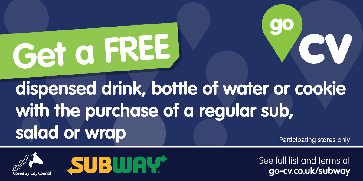 #GoCV offer alert! 🎊 @SUBWAY brings exclusive offer to all #GoCV members! Enjoy a FREE drink, water, or cookie with purchase of a regular sub, salad, or wrap 🥪 More info and stores ➡️ orlo.uk/ASs2s Register orlo.uk/v0BoF @CovCityCentre @visitcov