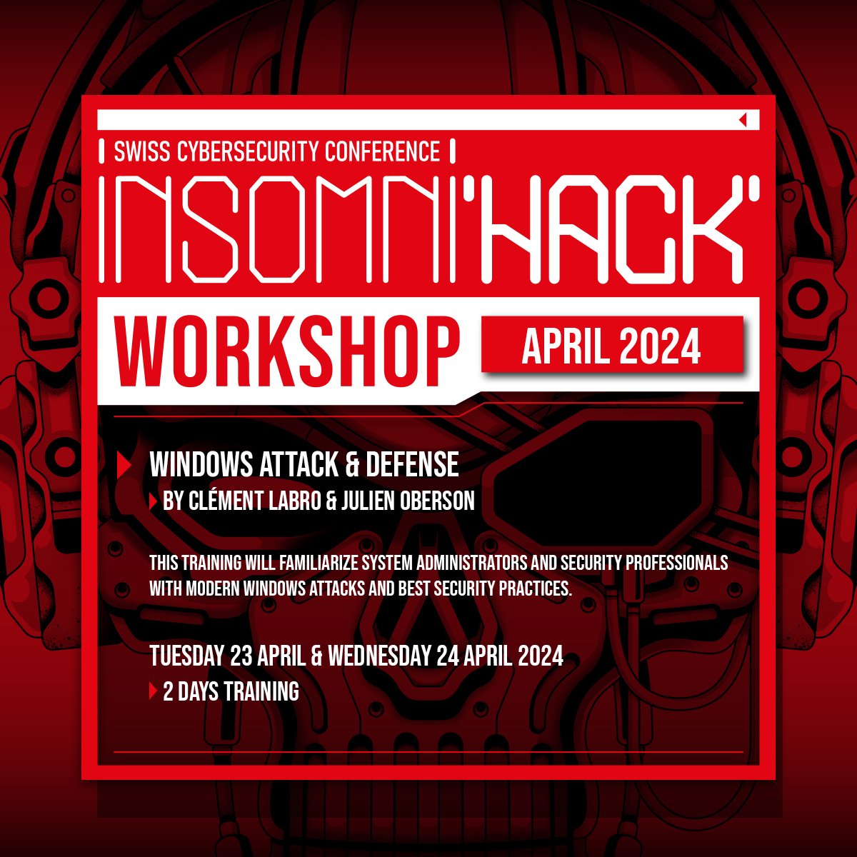 🚨Insomni'hack 2024: [WORKSHOP] Windows Attack & Defense by Clément Labro & Julien Oberson. 👉Don’t miss this opportunity to attend this 2-days workshop at Insomni’hack 2024! Details and registration: ow.ly/pYvo50QsY0P #INSO24 #Insomnihack #cybersecurity
