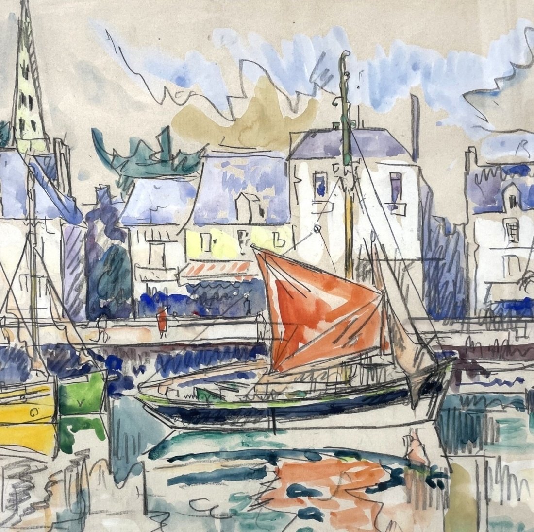 Detail from 'Le Port de Pouliguen' by Paul Signac, French 1863–1935 Gouache, pencil and watercolour on paper Paper size: 11 × 17¼ inches approx. Provenance: Frost and Reed, London | Private Collection. #Pouliguen #paulsignac #signac #lepouliguen #neoimpressionist #pointillism