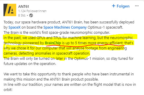MIAM_Schwan's tweet photo. ...but the neuromorphic technology pioneered by BrainChip is up to 5 times more energy-efficient...
@BrainChip's Akida went to orbit yesterday. ๐๐
Congratulations!
https://t.co/5PDFFBvaHx
#BRN #Akida #AI #edge #neuromorphic #ant61 #spacemachines #energysaver #SpaceX https://t.co/O47Or1eSrU