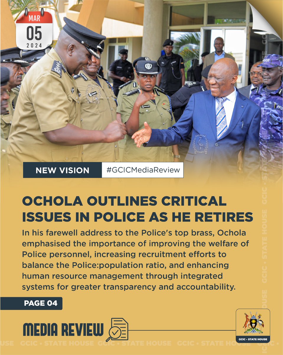 sh48257's tweet photo. In his farewell address to the Police's top brass, @OkothOchola1 emphasised the importance of improving the welfare of Police personnel, increasing recruitment efforts to balance the Police:population ratio, and enhancing human resource management #SecurityUg sharon https://t.co/VSeZUKG6sj