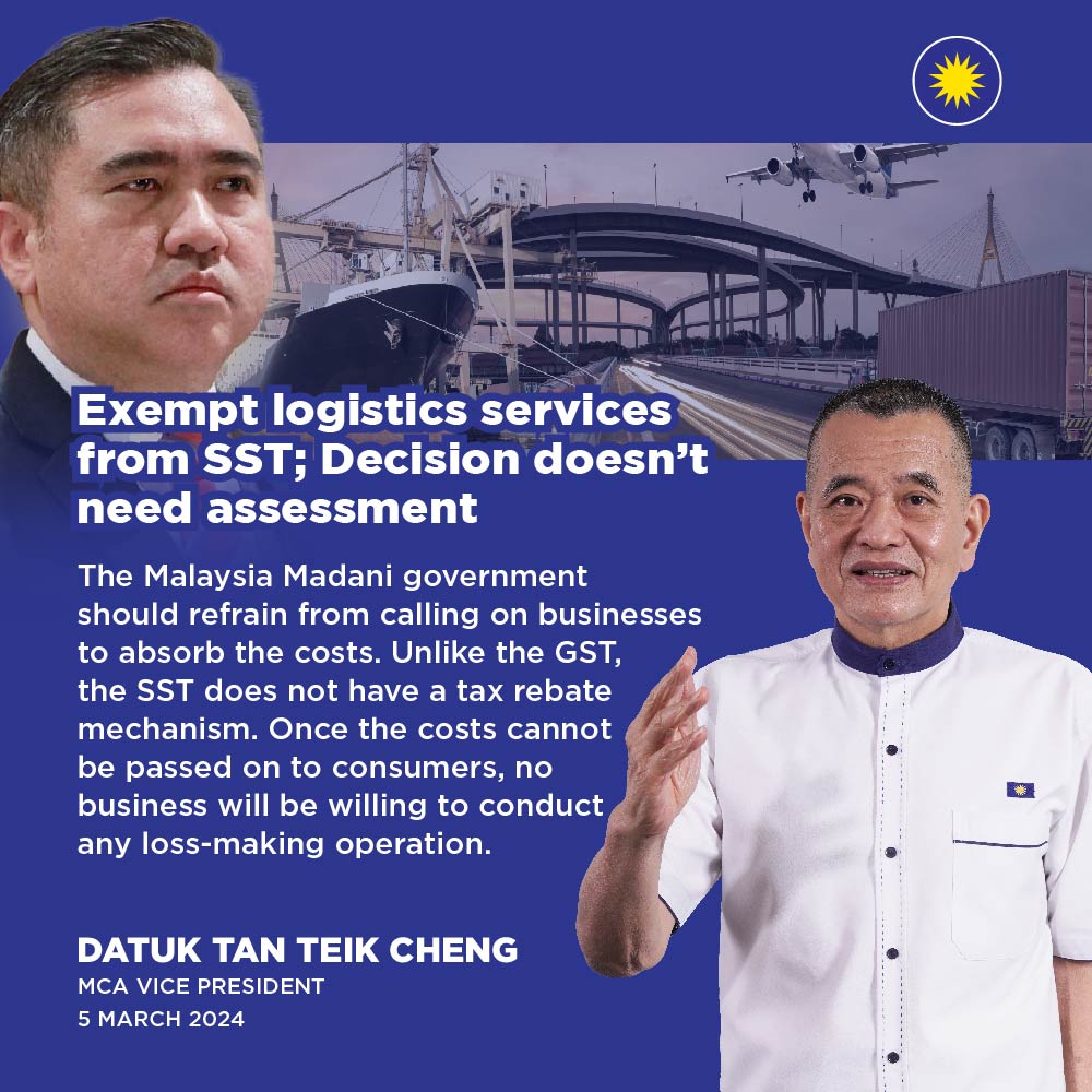 The SST hike on logistics services will obviously inflict a #DominoEffect on cost'g.  As goods wont directly nor immediately emerge in the presence of consumers, the entire process requires logistics services. The final costs will be passed to consumers. mca.org.my/2/Content/Sing…