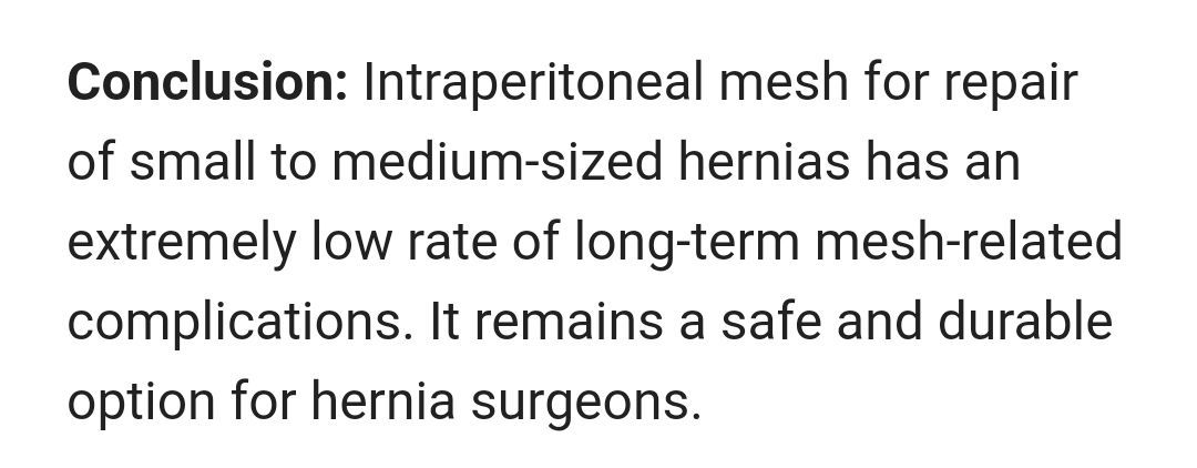 buff.ly/430T3DT Long-term mesh-related complications from #IPOM for small to medium-sized ventral hernias. #VHR #HerniaSurgery #OpenAccess @SurgEndosc
