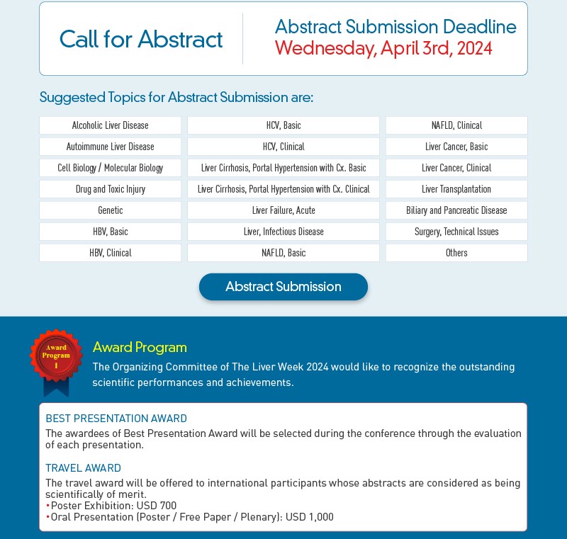 [The Liver Week 2024] Call for Abstract 
theliverweek.org/2024/abstract/…

#Liver #liverdesease #livercancer #conference #SEOUL