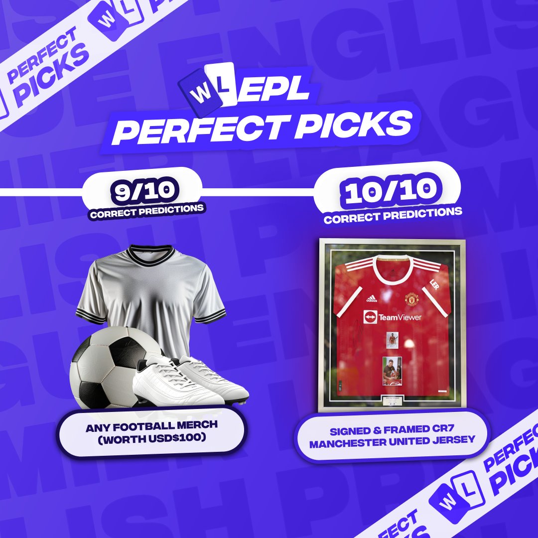 kickoffbyzuju's tweet image. 😱 𝐏𝐑𝐄𝐃𝐈𝐂𝐓 𝟏𝟎/𝟏𝟎 𝐌𝐀𝐓𝐂𝐇𝐄𝐒 and win @cristiano’s signed and framed Manchester United jersey!

Guess ALL 10 outcomes of EPL Matchday 28 in our Perfect Picks! 9/10 correct predictions will stand a chance to win any football merch, worth USD$100!