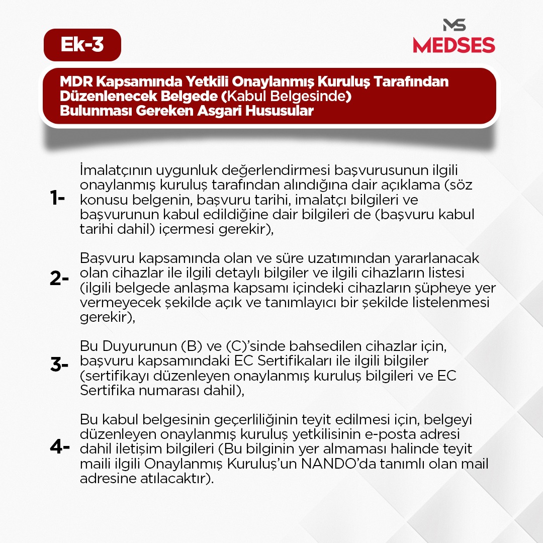 Tıbbi cihazlar için süre uzatımı başvurusu esnasında istenen belgelerden biri olan ve onaylanmış kuruluş tarafından düzenlenmesi gereken "Onaylanmış Kuruluş Başvuru Onay Mektubu" nedir?

<a href="/lemeoz/">Levent Mete Özgürbüz</a> <a href="/trseis/">SEİS</a> <a href="/tumdef/">TÜMDEF</a>