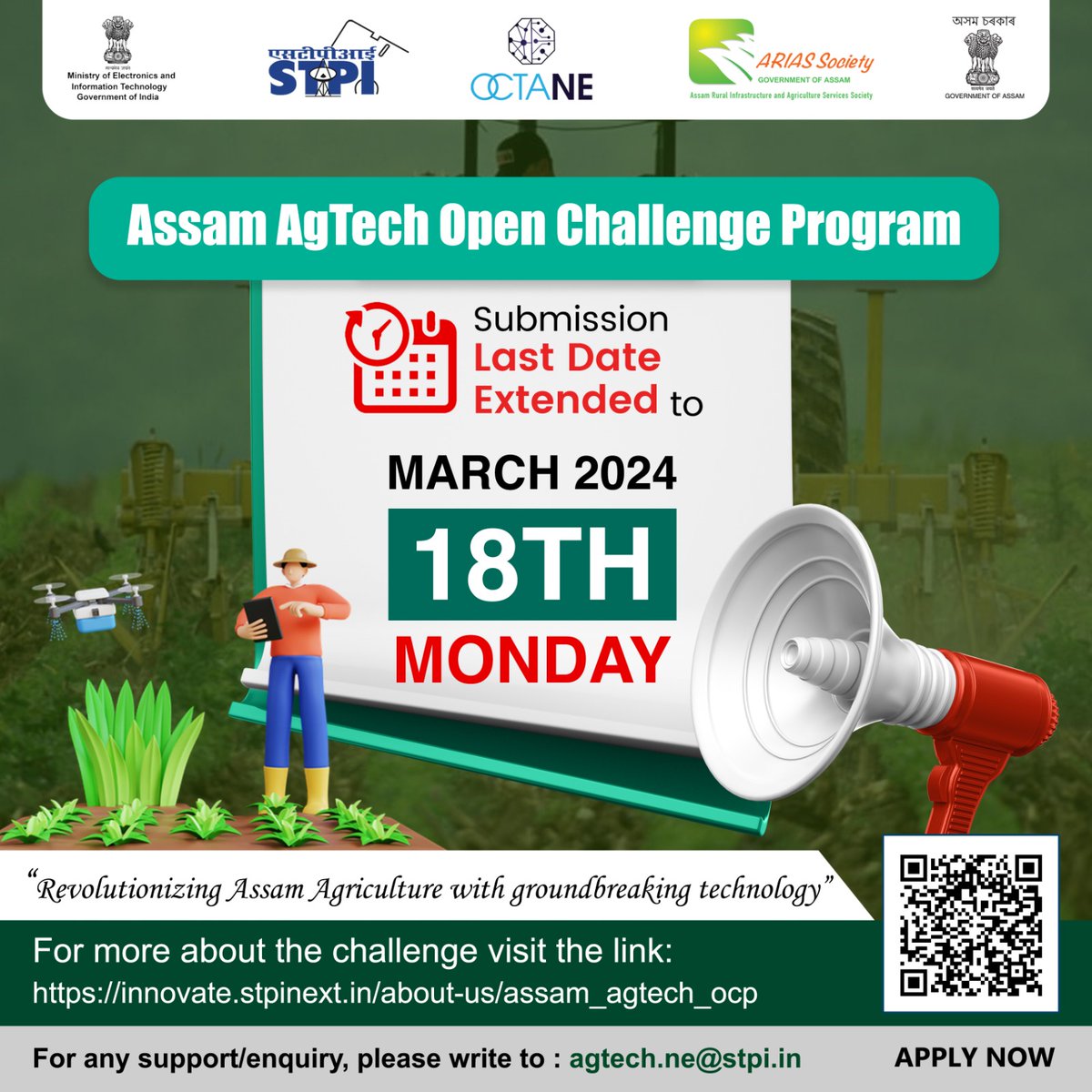 Attention #AgriTech #Startups! 📢 The deadline for participating in the ongoing #AssamAgTech Open Challenge Program has been extended till 18th March 2024. #AgriInnovation #AssamAgriculture @stpiindia @apartassam @agriassam 🖱️Apply Now: innovate.stpinext.in/about-us/assam…