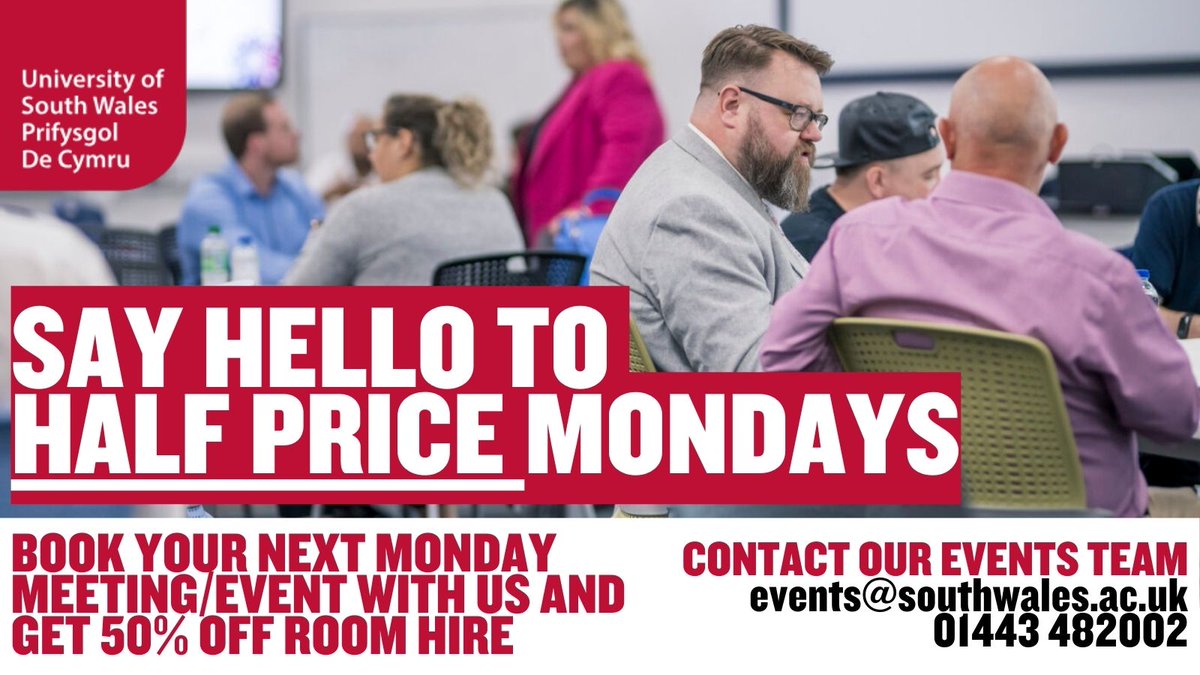 Make Mondays magic again! 🌟 Get 50% off our Newport and Treforest meeting rooms for your next event or gathering. Book now and start planning!