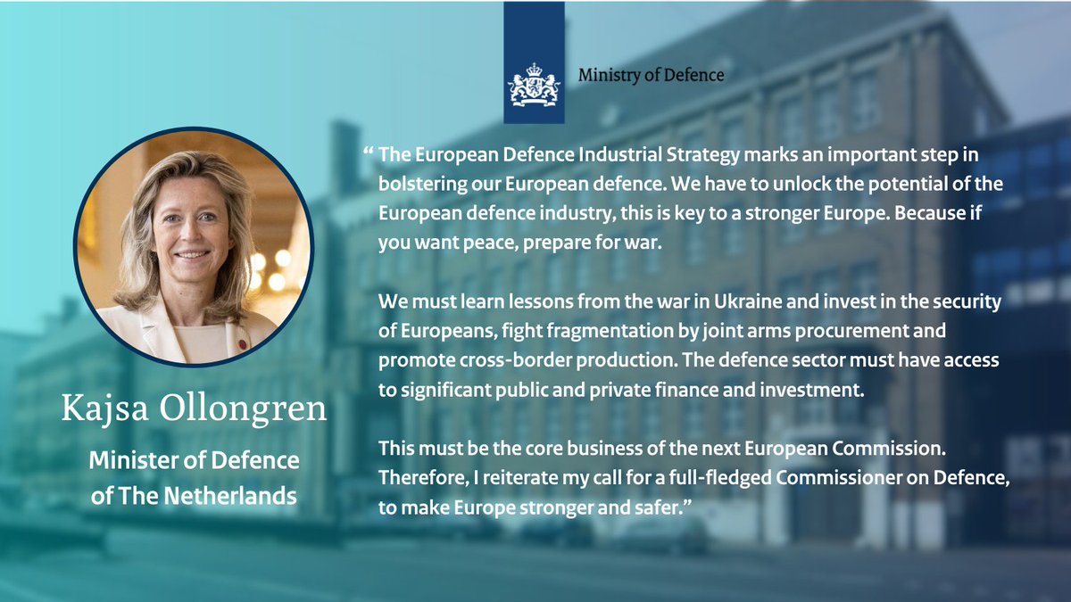 The European Defence Industrial Strategy marks an important step in bolstering our European defence. We have to unlock the potential of the European defence industry. Therefore, I reiterate my call for a full-fledged Commissioner on Defence, to make Europe stronger and safer.