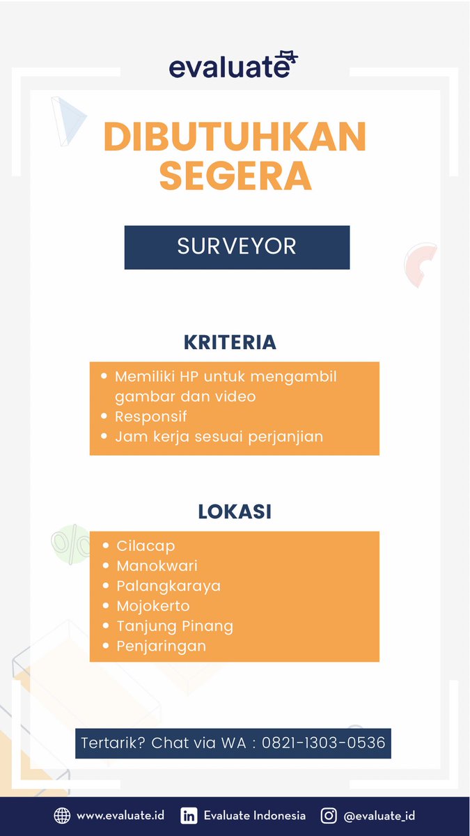 Dibutuhkan : Surveyor SEGERA! ✨

Minat? Yuk Chat ke : 0821-1303-0536

cc @jktkerja <a href="/hrdbacot/">HRD BACOT</a> @mas_recruiter #lokermase #InfoLoker #hrdbacot #loker2024 #lokercot #lokermanokwari #manokwari #infomanokwari