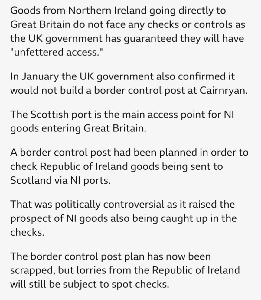 Colin Murray (@crgmurray) on Twitter photo Instead of a clear process for checking whether goods entering GB are really Qualifying NI Goods, <a href="/JP_Biz/">JPCampbellBiz</a> is reporting that dropping the border post at Cairnryan means relying on spot checks on IE reg lorries. A quick fix solution, hard to work long term:
bbc.co.uk/news/articles/… Instead of a clear process for checking whether goods entering GB are really Qualifying NI Goods, <a href="/JP_Biz/">JPCampbellBiz</a> is reporting that dropping the border post at Cairnryan means relying on spot checks on IE reg lorries. A quick fix solution, hard to work long term:
bbc.co.uk/news/articles/…