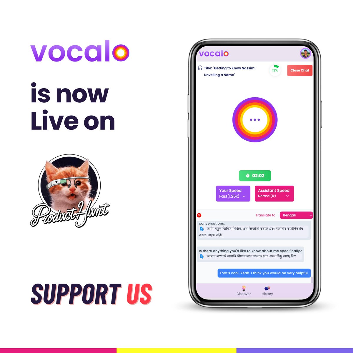 riverbornai's tweet photo. Hello, Twitter fam! 👋 
Vocalo is now Live on ProductHunt! 📷 https://t.co/Iq0Zg2vfih 
Vocalo is an AI-driven platform for practicing English, providing immediate help for those looking to boost their speaking, listening, grammar, and other language skills. https://t.co/7y3j6NmnZS