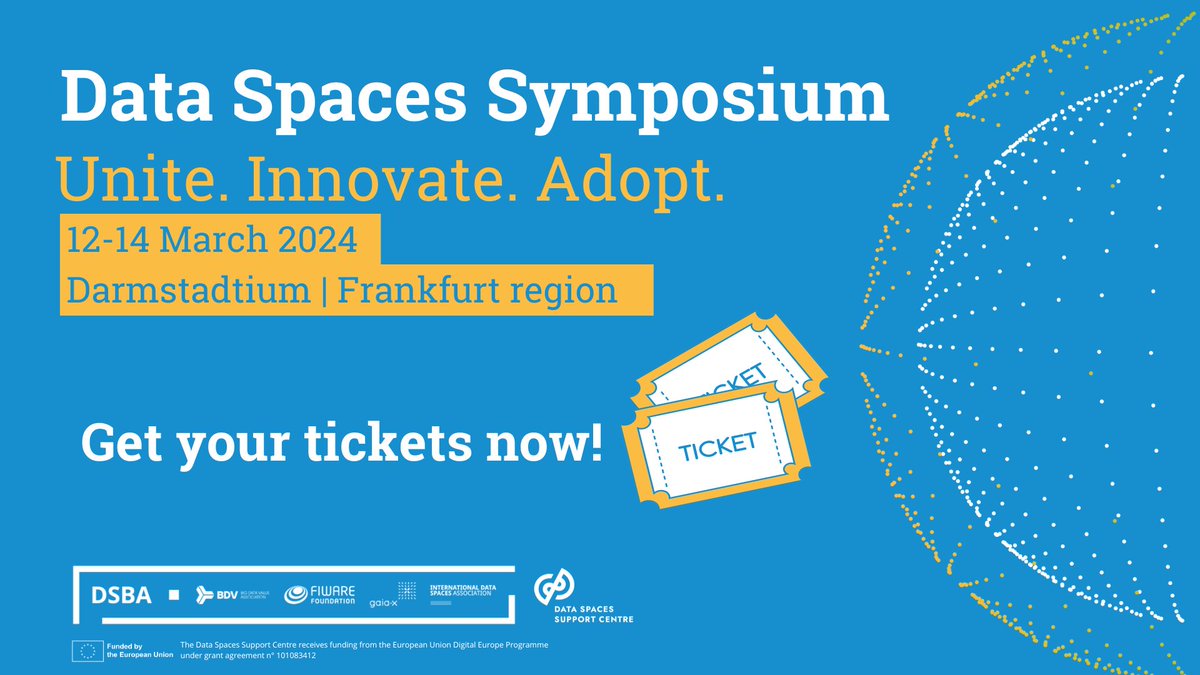 Save the date for the Data Spaces Symposium 2024 📅 March 12-14, 2024 📍 Darmstadtium | Frankfurt region Join thought leaders shaping the future of data spaces. Dive into tech talks, business value discussions, and policy insights. Register now: shorturl.at/giIZ1
