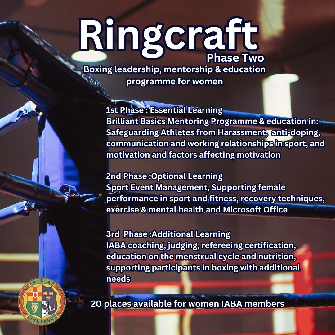 IABABOXING's tweet image. As part of #WISWeek, IABA’s Women in Sport Lead, Sophie Doolan, is launching the 2nd phase of its innovative programme for women in boxing. 

Ringcraft is a boxing leadership, mentorship &amp;amp; education programme, open to any woman member of any boxing club

iaba.ie/ringcraft-boxi…