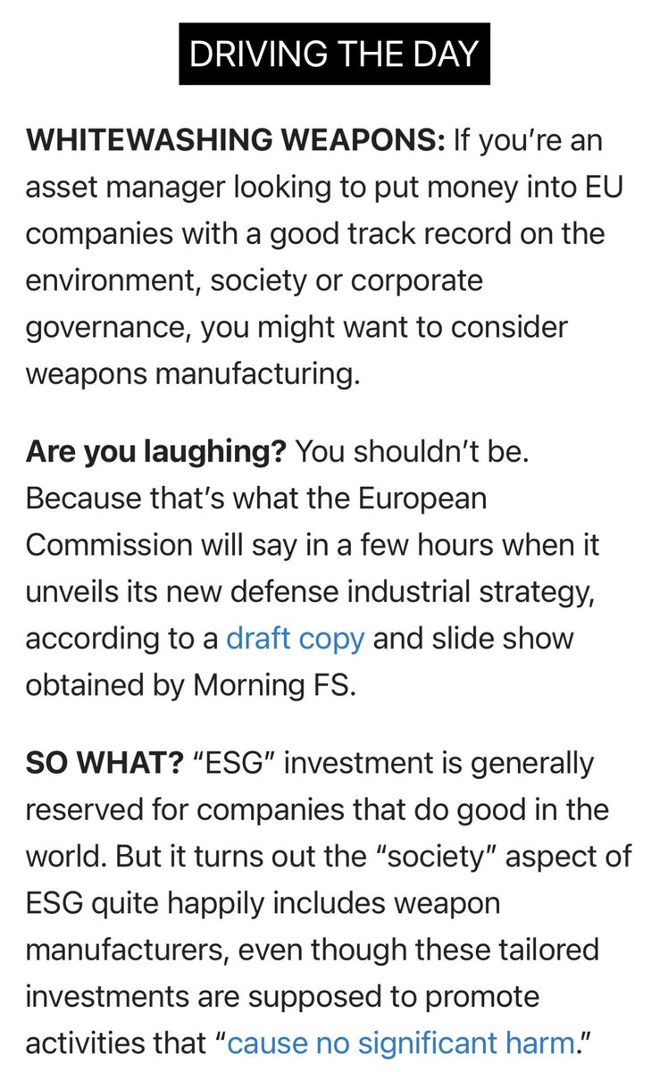 Great scooplet in this morning’s European financial services newsletter from Politico. Weapons manufacturing is, wait for it …ESG friendly! Who knew, eh? (Or perhaps it depends on who is doing the manufacturing?)