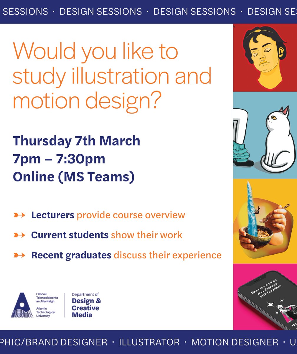 Thursday March 7th <a href="/ATU_DL_Design/">@atudonegal_design</a> are holding a series of online “Design Sessions” that will offer a great insight into our courses. First up is #GraphicDesign  — which has a focus on Illustration, Motion Design and UX Design. Join us and register here: events.teams.microsoft.com/event/de2c418c…