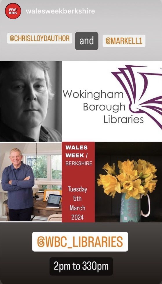 In Wokingham this afternoon? Then come along to the @WBC_Libraries where @MarkEllis15 and I will be discussing historical crime fiction with @NelliePomPoms as part of #WalesWeek @walesweekberk See you there at 2pm.
