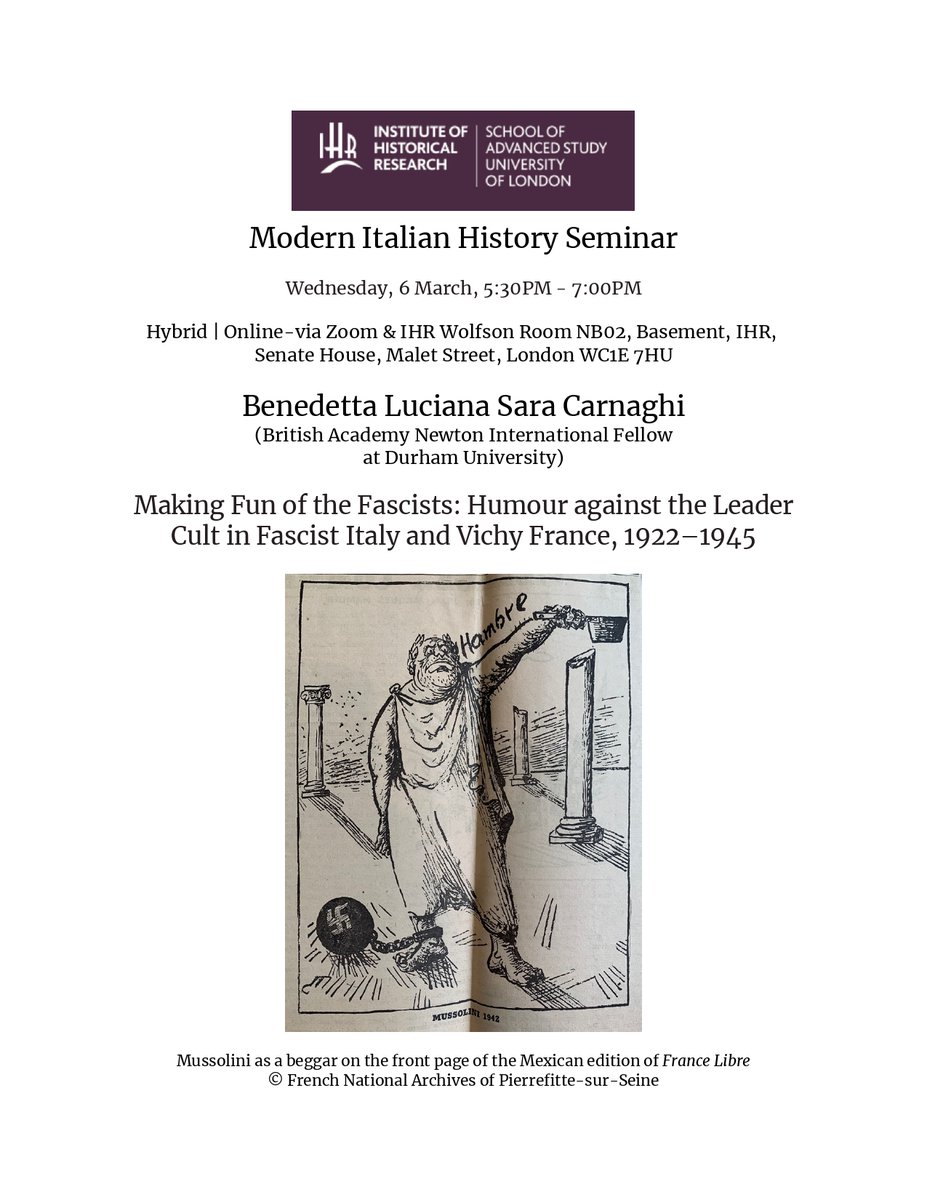 Benedetta Carnaghi (@benecarnaghi) on Twitter photo Want to laugh at fascist leaders? Come to my presentation at <a href="/ihr_history/">Institute of Historical Research</a>'s Modern Italian History Seminar tomorrow! Huge thanks to seminar convenors <a href="/selenadaly/">Dr Selena Daly</a> and <a href="/GianmarcoMancos/">Gianmarco Mancosu</a> for making this possible. Register here: history.ac.uk/events/making-…
#twitterstorians Want to laugh at fascist leaders? Come to my presentation at <a href="/ihr_history/">Institute of Historical Research</a>'s Modern Italian History Seminar tomorrow! Huge thanks to seminar convenors <a href="/selenadaly/">Dr Selena Daly</a> and <a href="/GianmarcoMancos/">Gianmarco Mancosu</a> for making this possible. Register here: history.ac.uk/events/making-…
#twitterstorians