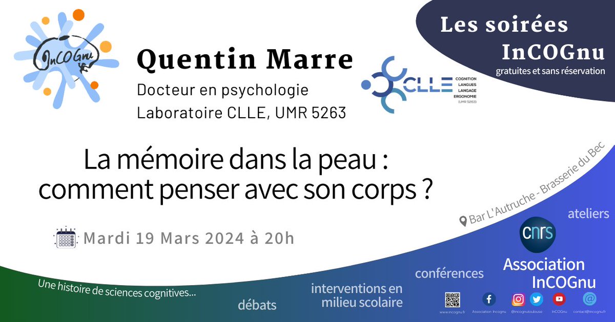 La prochaine soirée-débat aura lieu le Mardi 19 Mars à 20h !  Quentin Marre nous des caractéristiques de notre cognition(incarnée) et des différentes techniques de mémorisation.  Venez nombreux ! 🤗 📷<a href="/CNRS_Toulouse/">CNRS Occitanie Ouest</a>