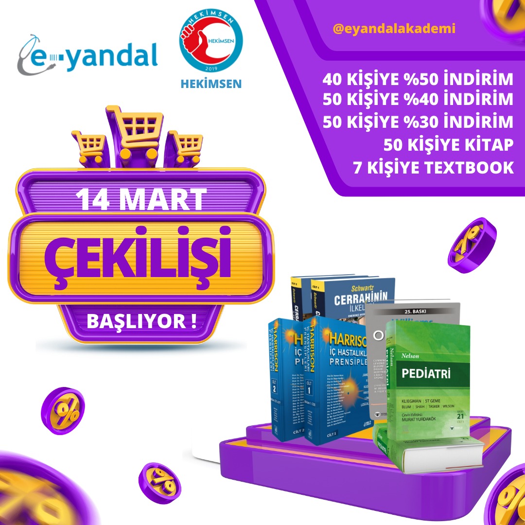 🎉 *HEKİMSEN*- *E-YANDAL* İş Birliği ile 🎉

📌 Her yıl gerçekleşen 14 MART Tıp Bayramı Çekilişimiz yeniden sizlerle. *4 ANADAL (Dahiliye-Pediatri-Kadın Hastalıkları ve Doğum-Genel Cerrahi) ve Göğüs Hastalıkları* branşlarına özel olarak yapılacak olan Büyük Tıp Bayramımıza