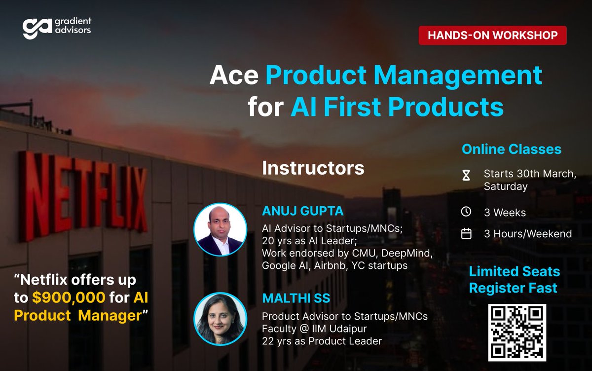 anujgupta82's tweet image. 🚀 Exciting news! 🌟 Master product management in the AI-first era with @GradientAdvisors &amp;amp; @malthi_s . Elevate skills, understand AI for PM, and lead in AI first era confidently! #AIProductManagement #TechInnovation

Limited seats, first come first serve!
topmate.io/malthi_ss/8487…