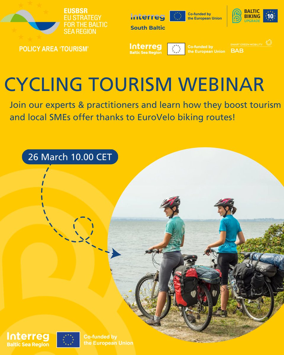 Interested in #cycling &amp; tourism? Want to know more about using the potential of <a href="/ECFEuroVelo/">EuroVelo 🇪🇺</a> routes in #BSR &amp; boosting #tourism with cycling-friendly offers?

Join us on 26th March at 10.00 AM CET and find out!
us02web.zoom.us/webinar/regist…

<a href="/EuCyclistsFed/">European Cyclists' Federation</a> <a href="/EUSBSR/">EUSBSR</a> <a href="/InterregBSR/">Interreg Baltic Sea Region</a>