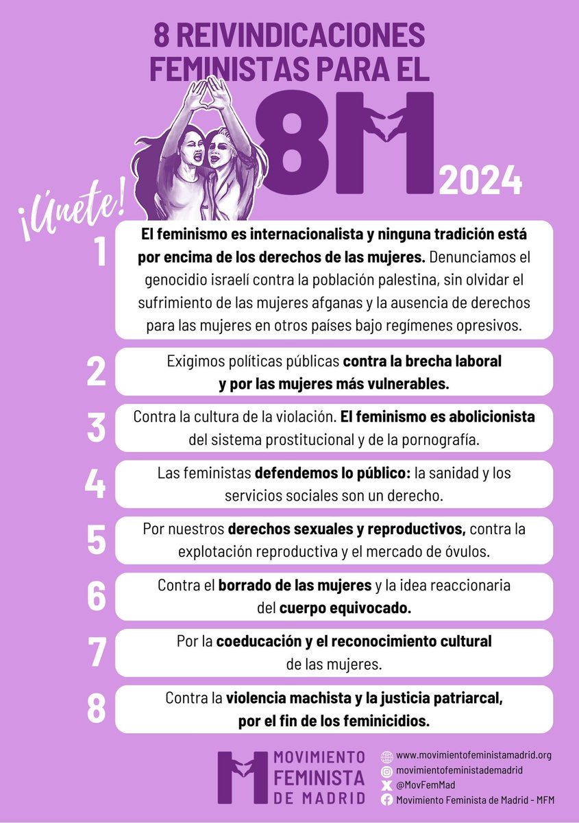 📢📢El Movimiento Feminista de Madrid convoca la manifestación feminista del #8M2024 en Madrid:
LA PROSTITUCIÓN NO ES UN TRABAJO
¡ABOLICIÓN YA‼️
#MujeresEnLuchaMFM #ElFeminismoEsAbolicionista
📆 8/3/2024 
⏰19 h
📍Plaza Cibeles-Gran Vía-Plaza España
¡Súmate a la manifestación!⬇️