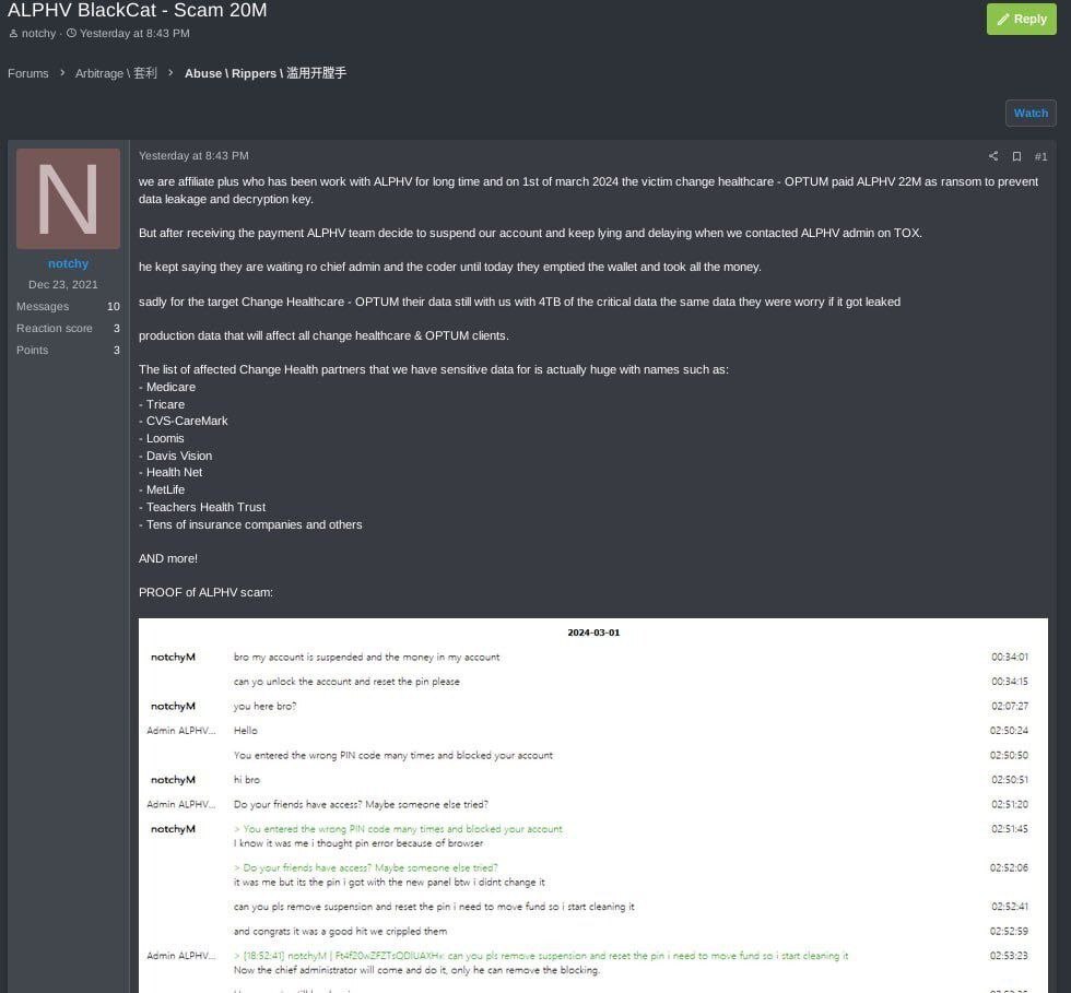 mcarli's tweet photo. On 3 March, a user on the RAMP forum, which is affiliated with Blackcat itself, reported that he had not received the agreed remuneration for the attack on Change Healtcare, and also indicated that the wallet of the RaaS admin had been emptied. https://t.co/uynISrF0Tr