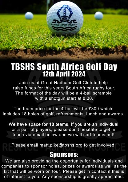Join us on the 12th April at Great Hadham Golf Club for our golf day to help raise funds for the upcoming South Africa rugby tour leaving in July. For more details do not hesitate to email matt.pike@tbshs.org or follow this link! - tbshspsa.org/tbshs-psa-sout…