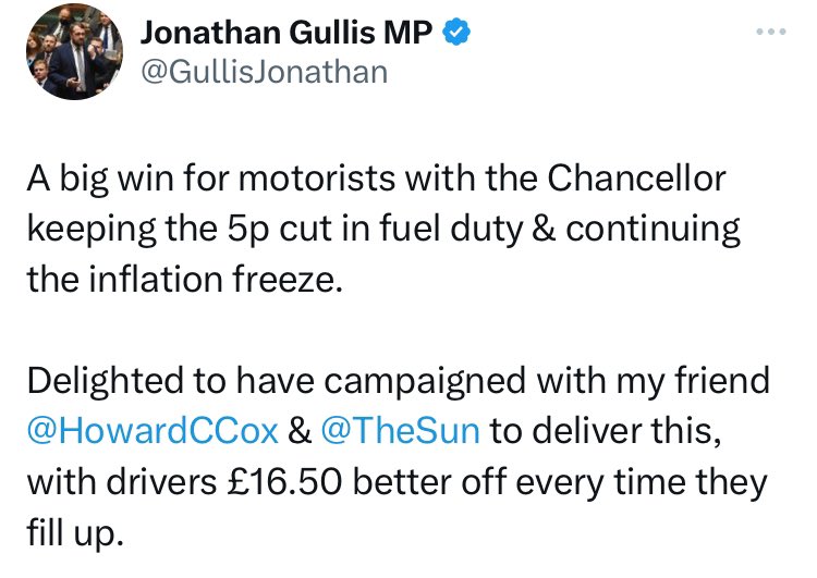 Ex teacher Jonathan Gullis thinks that a 5p cut on fuel leads to a whopping £16.50 saving every time you fill up. How big is his car? I know mine couldn’t hold over 300 litres of petrol. #BBCBreakfast #PoliticsLive #r4today #GeneralElectionN0W