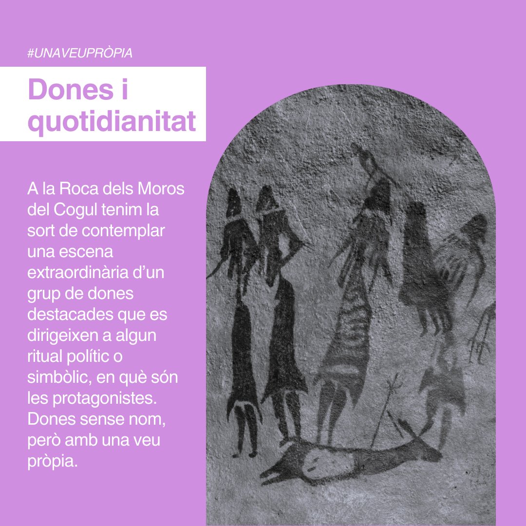 🟣Arranquem #Unaveupròpia amb les dones de la Roca dels Moros del Cogul (les Garrigues). Aquesta extraordinària escena rupestre ens mostra un grup de dones que trenquen els estereotips i rols de gènere heretats del patriarcat. Obrim fil👇