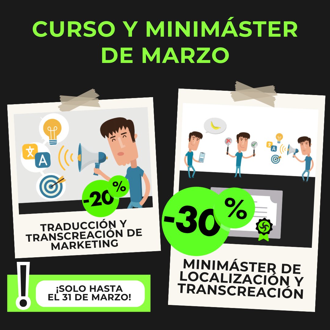 ¡Ya está activa nuestra promoción de curso y minimáster del mes! 🤩 

👉 20 % de descuento en el curso Traducción y transcreación de marketing y publicidad: traduversia.com/curso/traducci…

👉 30 % de descuento en el minimáster Localización y transcreación: traduversia.com/producto/minim…
