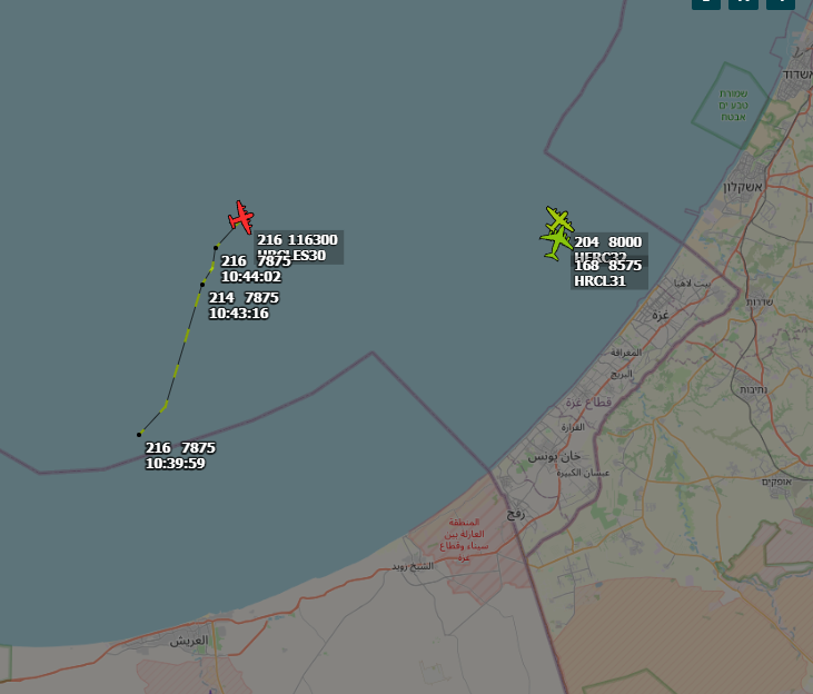 avischarf's tweet photo. with an Egyptian AF c130 possibly joining (010087) the two Emirati c130s over Gaza https://t.co/8FThVZfyag