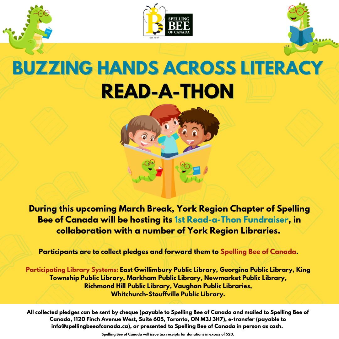 Join us for an enchanting adventure into the world of books with the Vaughan Public Libraries Readathon! 🌟📖 

Visit any of the Libraries listed on the E-flyer

#readathon
#spellingbeeofcanada
#yorkregion