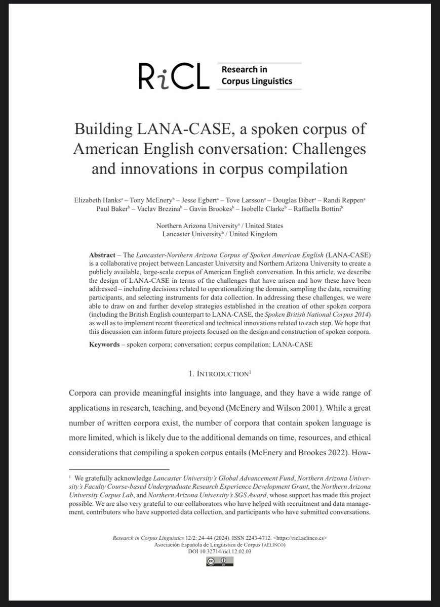 The first two papers in a special issue of Research in Corpus Linguistics I’m editing - on the theme of innovation in spoken corpora - have been published!

O’Keeffe et al. (2024): ricl.aelinco.es/first-view/312…

Hanks et al. (2024): ricl.aelinco.es/first-view/305…