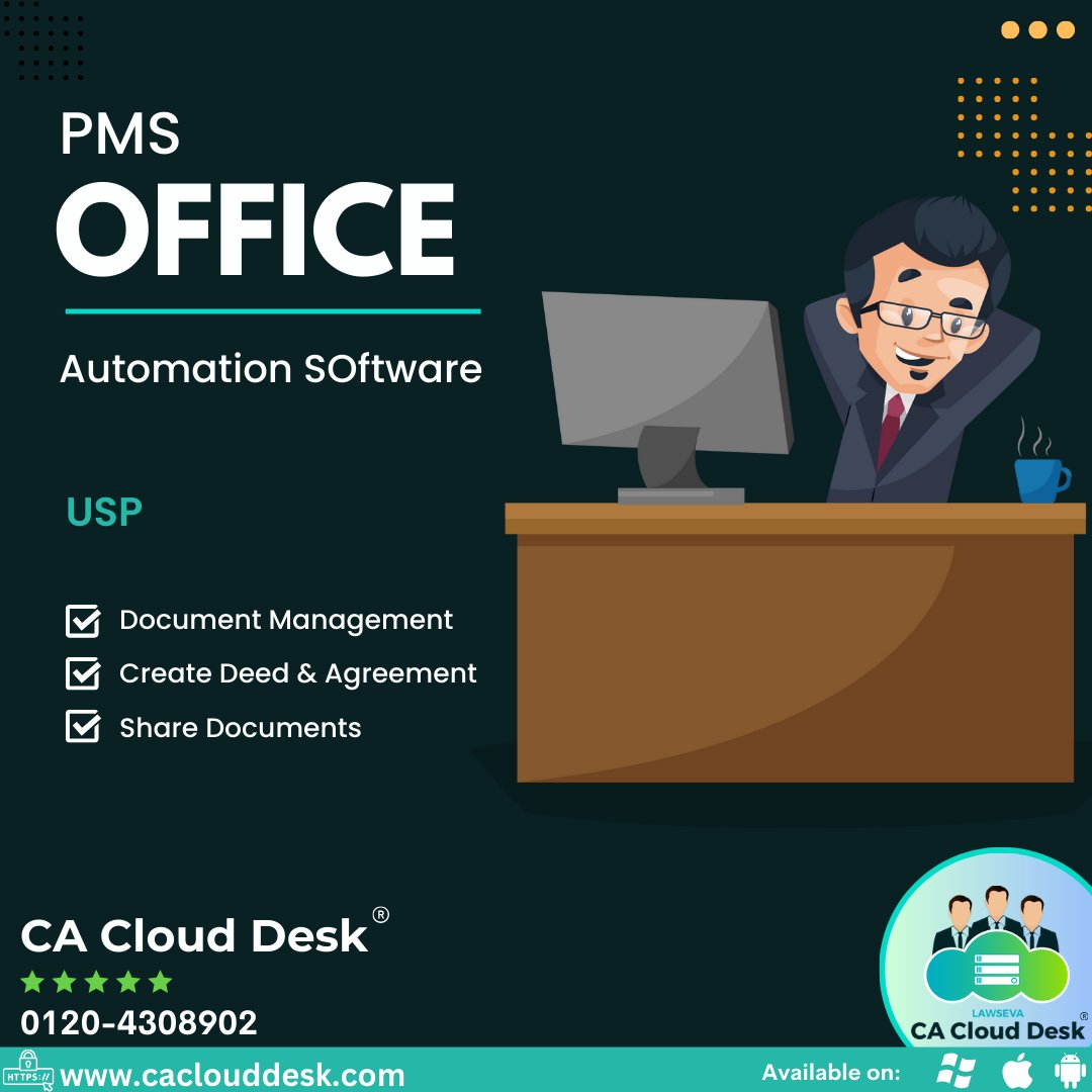 caclouddesk's tweet image. CA Cloud Desk&apos;s PMS Office Automation Software! Effortlessly manage documents, create deeds, and share agreements with ease. Visit us at caclouddesk.com and take your firm to the next level 

#PMSOffice #DocumentManagement 
#CACLOUD #CAcloudDesk 
#CA #ICAI #CACLOUDDESK