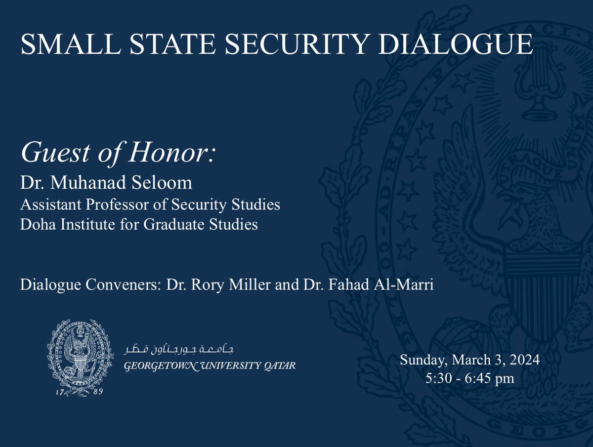 Small States Research Program (@smallstates_guq) on Twitter photo Thank you @DrMuhanadSeloom <a href="/dohainstitute/">معهد الدوحة للدراسات العليا</a> for a great talk to our class on the evolving nature of war and #SmallStates’ responses.
<a href="/RoryDavidMiller/">Rory Miller</a> <a href="/FahadAIMarri/">Fahad Al-Marri | فهد المري</a> <a href="/GUQatar/">Georgetown University in Qatar</a> <a href="/guqdean/">GU-Q Dean</a> <a href="/QF/">Qatar Foundation</a> <a href="/almayassahamad/">Al Mayassa Al Thani</a> <a href="/Lolwah_Alkhater/">لولوة الخاطر Lolwah Alkhater</a> <a href="/AzmiBishara/">عزمي بشارة</a> Thank you @DrMuhanadSeloom <a href="/dohainstitute/">معهد الدوحة للدراسات العليا</a> for a great talk to our class on the evolving nature of war and #SmallStates’ responses.
<a href="/RoryDavidMiller/">Rory Miller</a> <a href="/FahadAIMarri/">Fahad Al-Marri | فهد المري</a> <a href="/GUQatar/">Georgetown University in Qatar</a> <a href="/guqdean/">GU-Q Dean</a> <a href="/QF/">Qatar Foundation</a> <a href="/almayassahamad/">Al Mayassa Al Thani</a> <a href="/Lolwah_Alkhater/">لولوة الخاطر Lolwah Alkhater</a> <a href="/AzmiBishara/">عزمي بشارة</a>