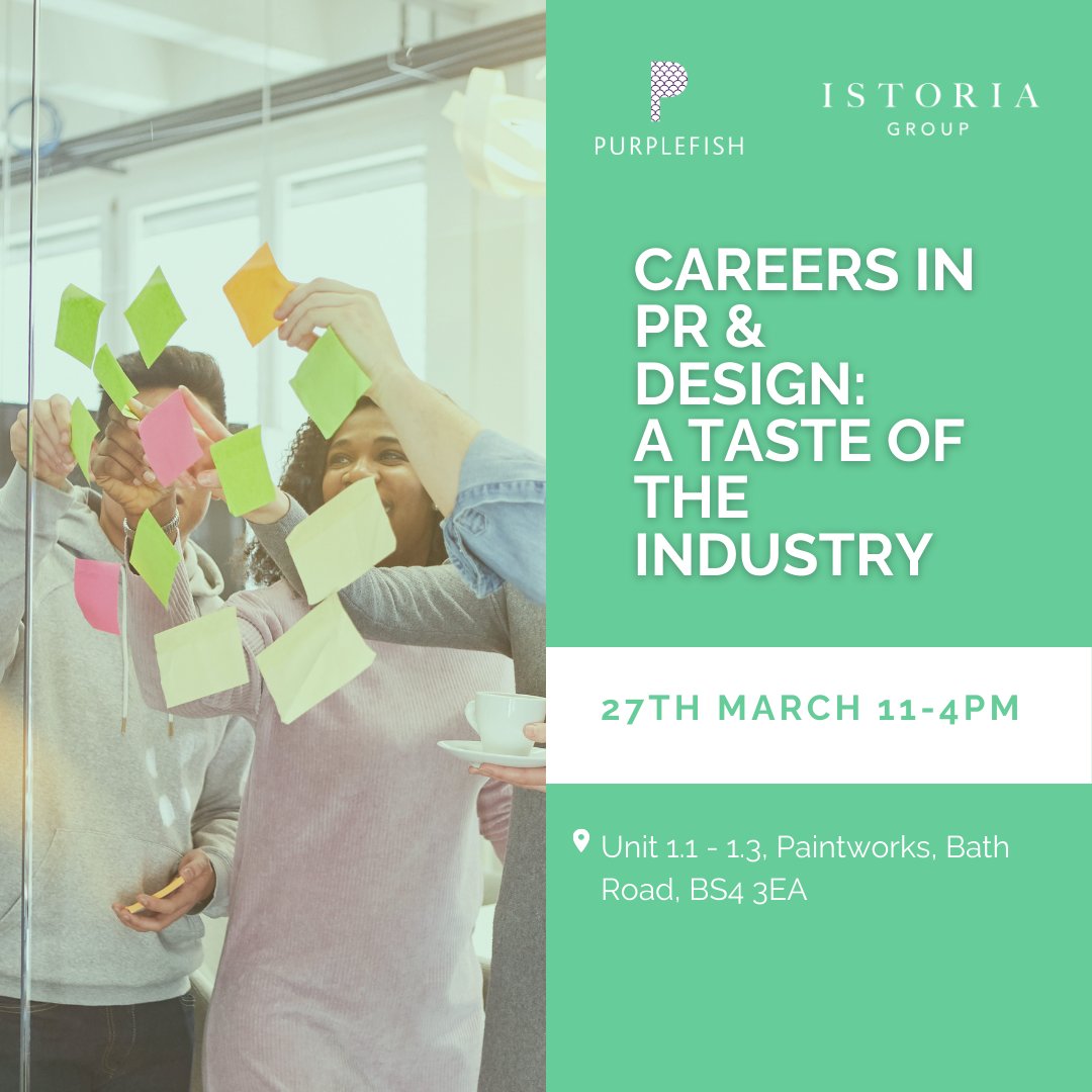 Join us and @PurplefishUK for PR & Design insights at our Agency Open Day on March 27th! 🗓 Start with us for design specialities, lunch with teams, then sessions at our offices. 📍 Paintworks. RSVP: hubs.la/Q02mHnjh0 #AgencyOpenDay #PR #Design #Istoria