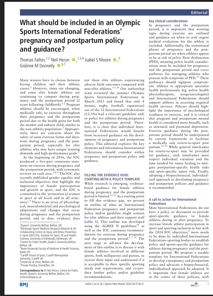 Nice to see this published in @BJSM_BMJ What should be included in an Olympic Sports International Federations’ pregnancy and postpartum policy and guidance? Thanks for the collaboration @neilSportDoc @ABSPhysio @IzzyMoorePhD . bjsm.bmj.com/content/early/…