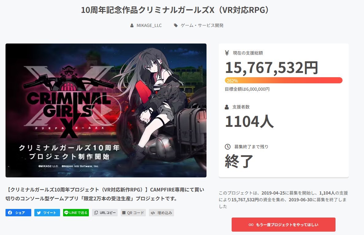 クリミナルガールズXを開発していた合同会社MIKAGE クラウドファン